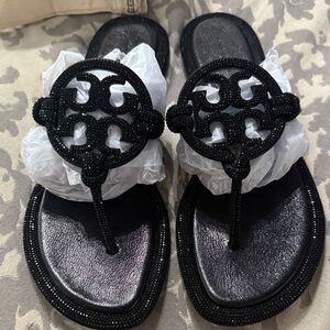 Tory Burch Black Miller Knotted Pave Embellished Crystal Sandals 11